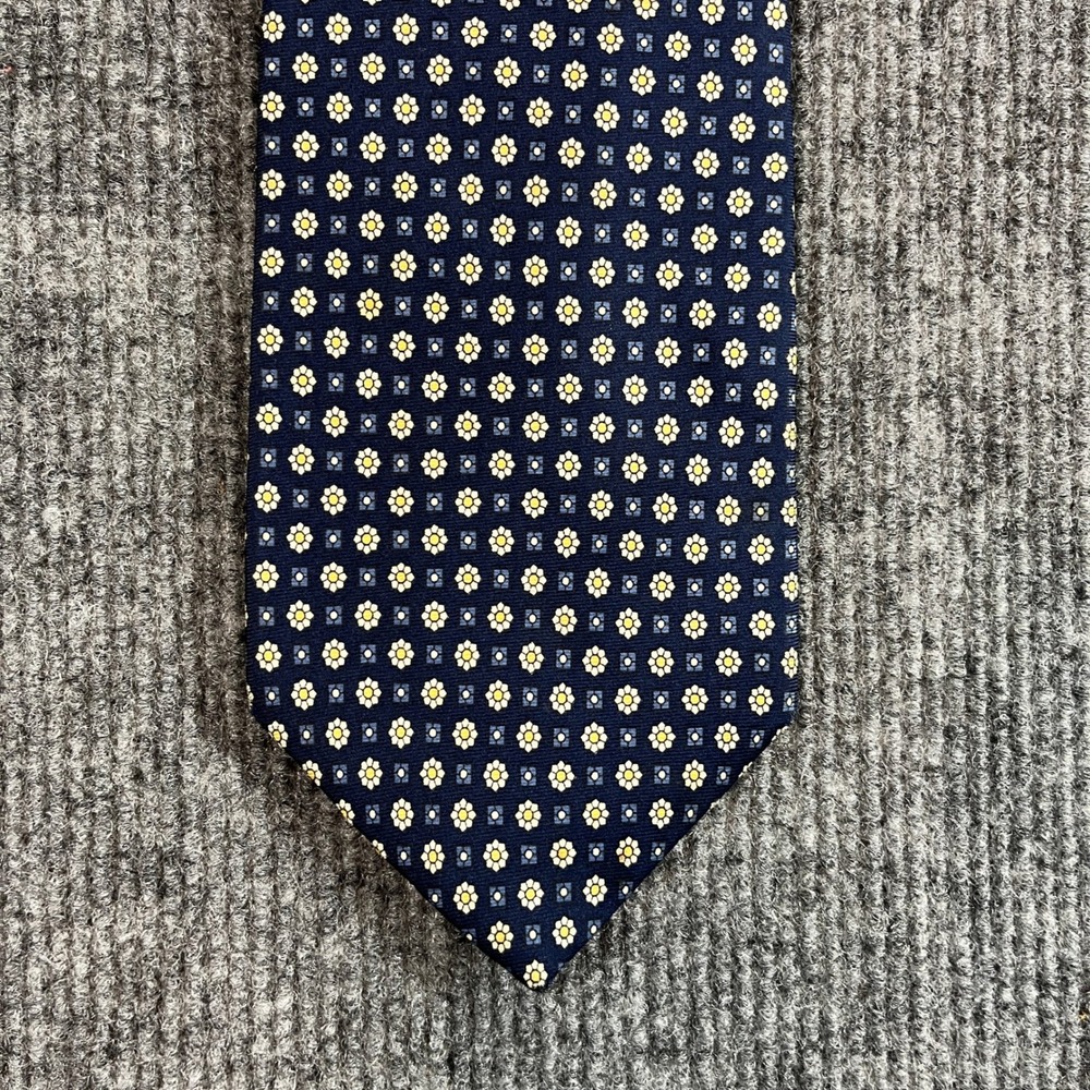 Gap Premium 1969 Mens Silk Tie Navy Blue Yellow Floral Daisy Geometric USA Made